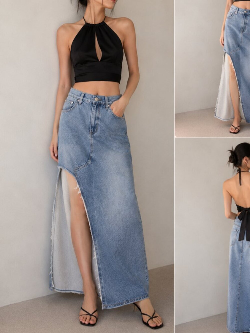 Distressed Denim Skirt Maxi Length XS New